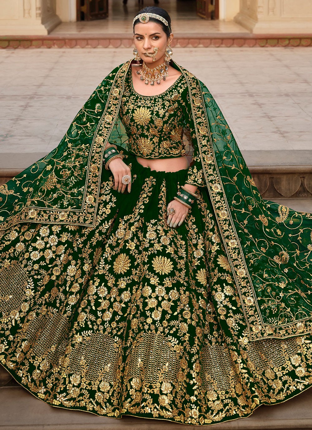 Dori Work Velvet Green Lehenga - L3331