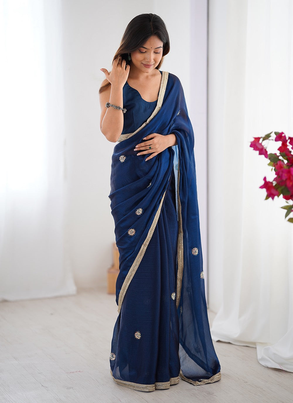 Blue Fandy Contemporary Saree Beads, Sequins S16231