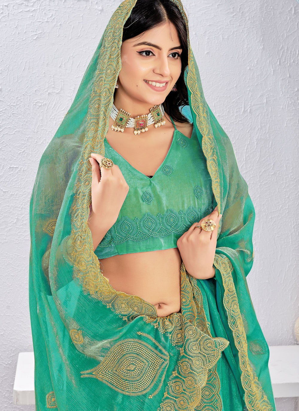 Green Fandy Trendy Saree Embroidered, Zari S16880