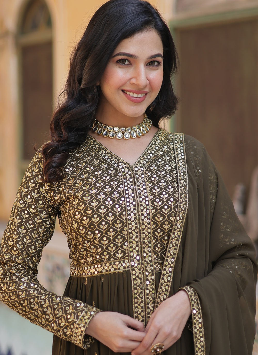 Salwar Suit Embroidered Brown Faux Georgette T5886