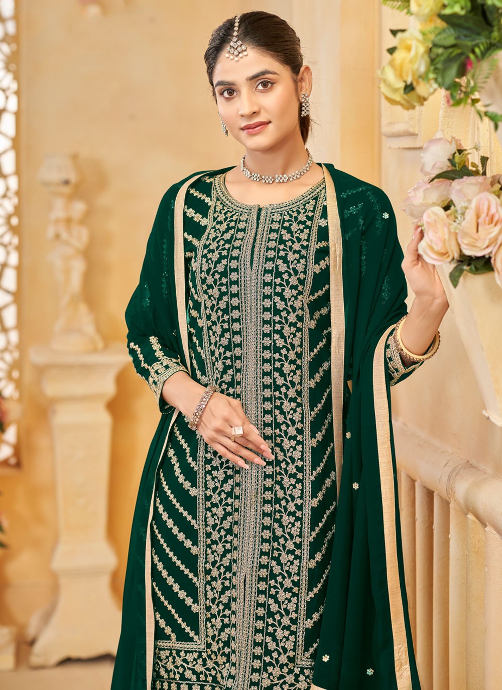 Embroidered Faux Georgette Green Salwar Suit T6012
