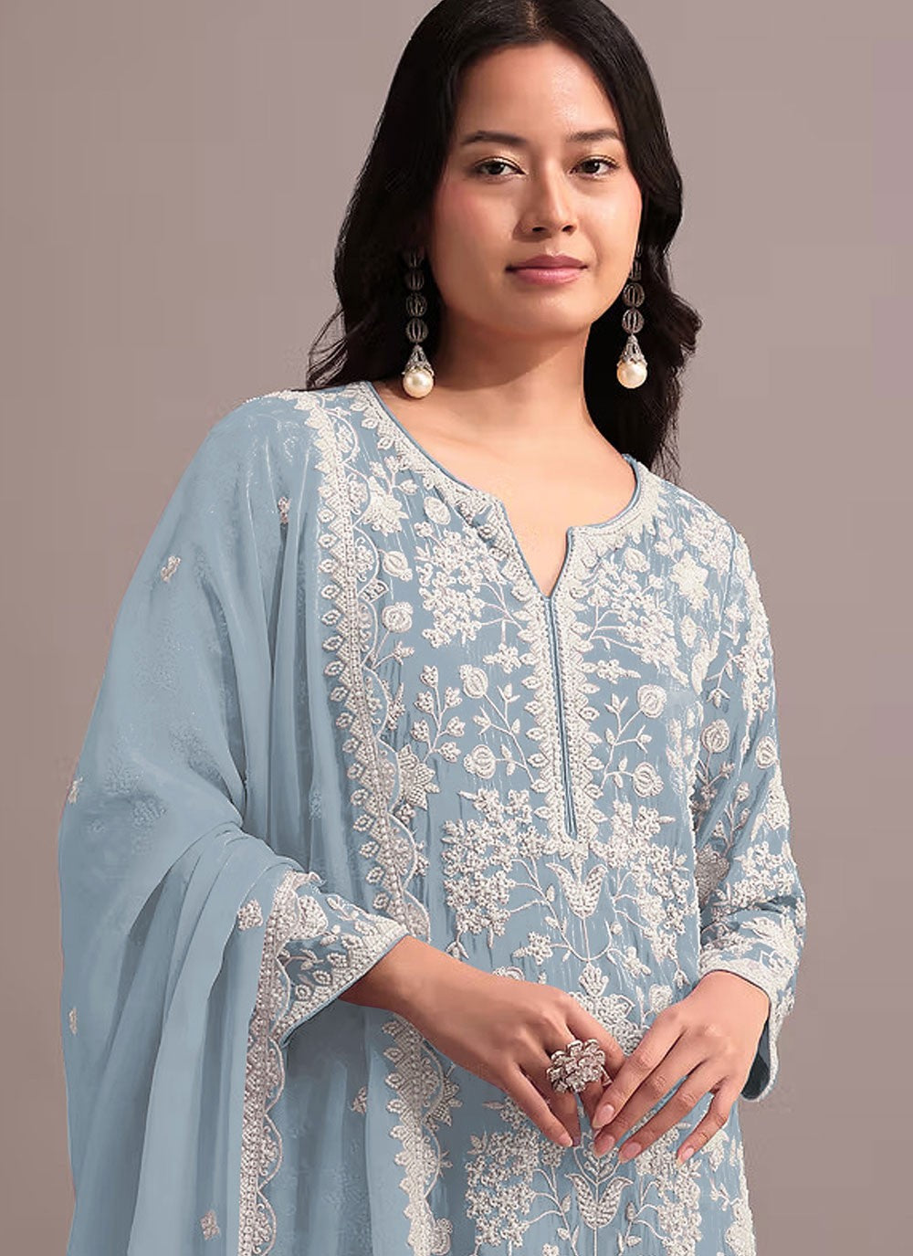 Sharara Suit Embroidered, Khatli Work, Thread Blue T6735