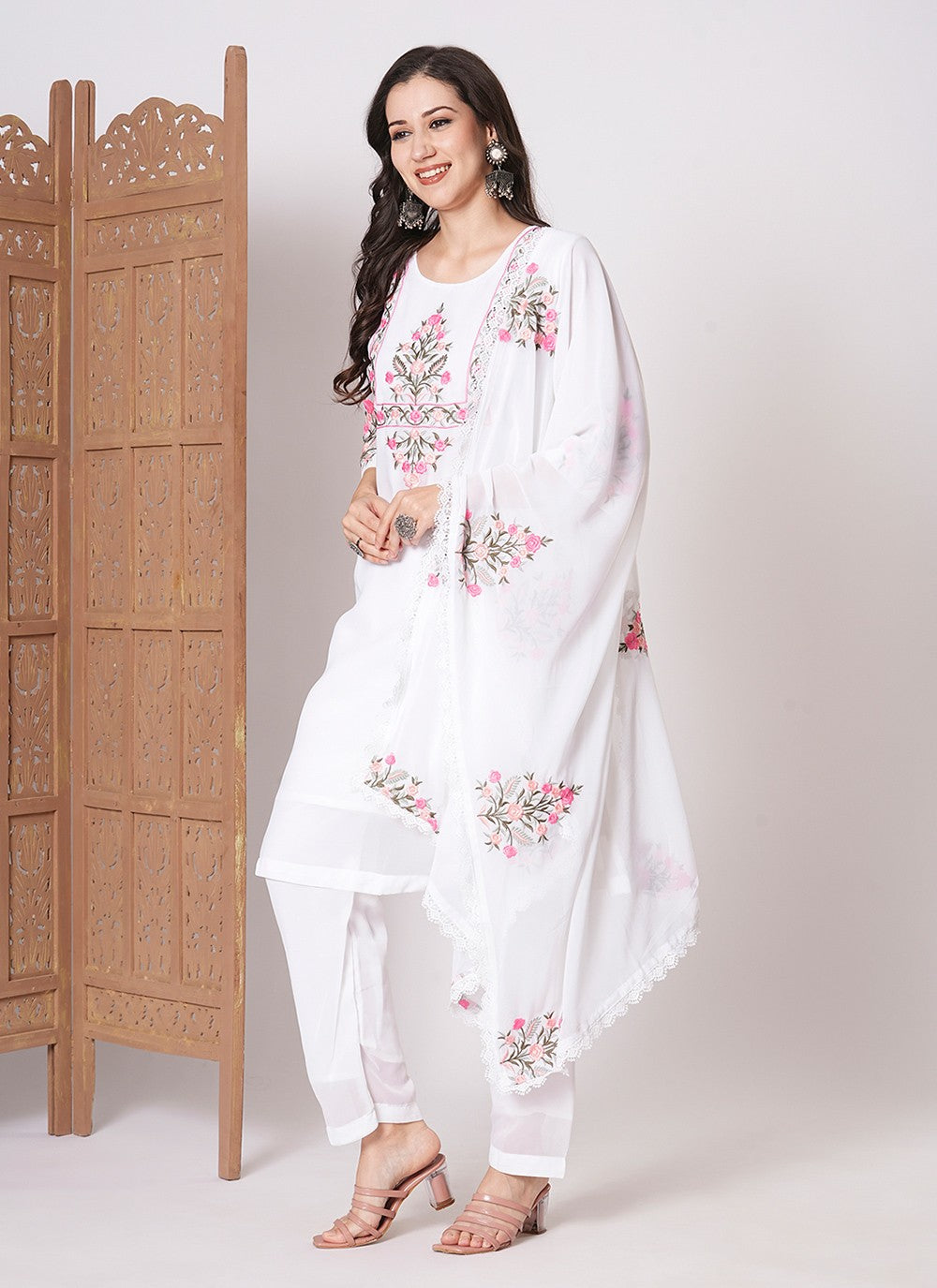 Embroidered Faux Georgette Pant Style Suit - T4484