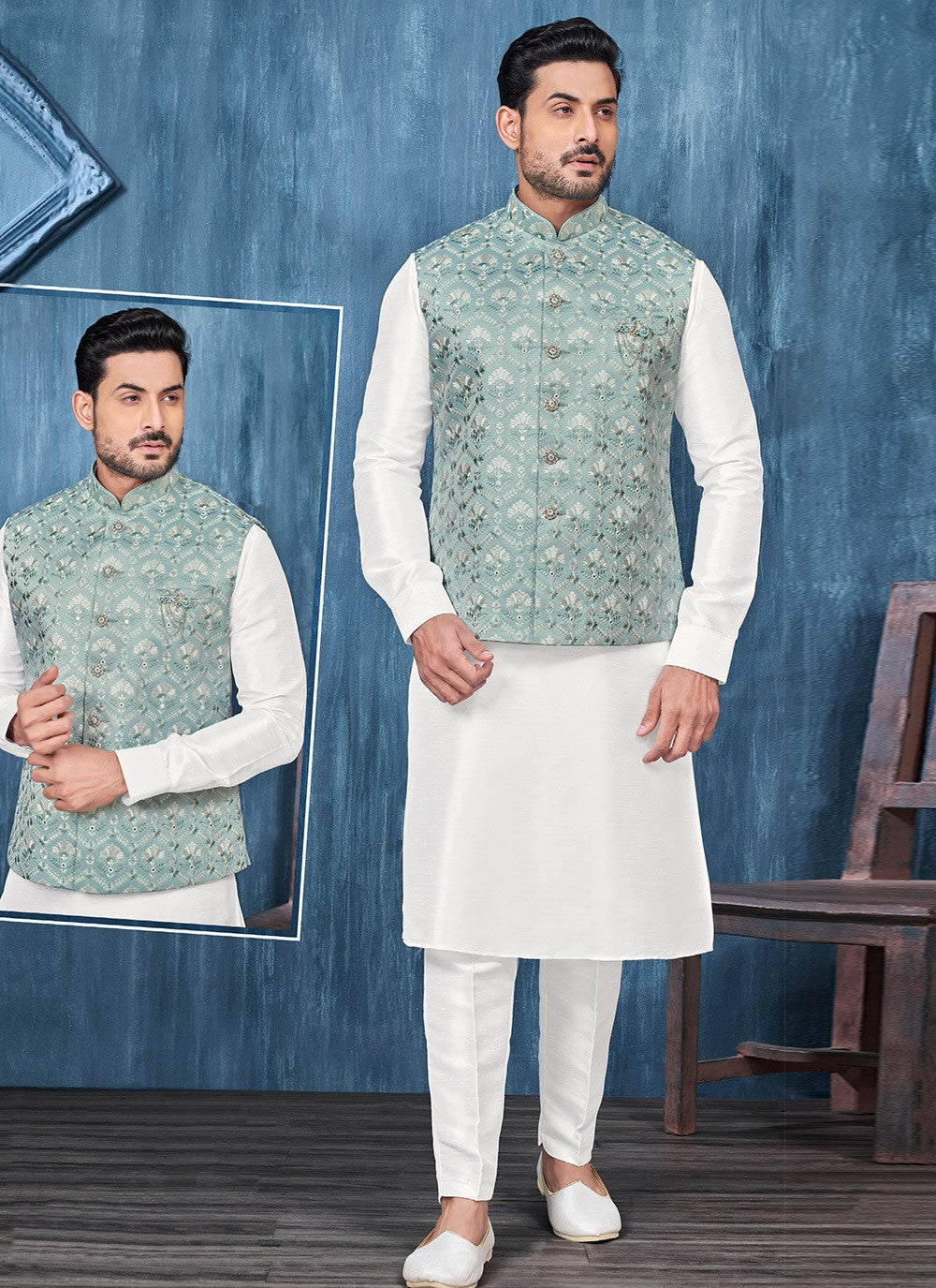 Embroidered Banarasi Silk Firozi, White Kurta Payjama With Jacket - M6331