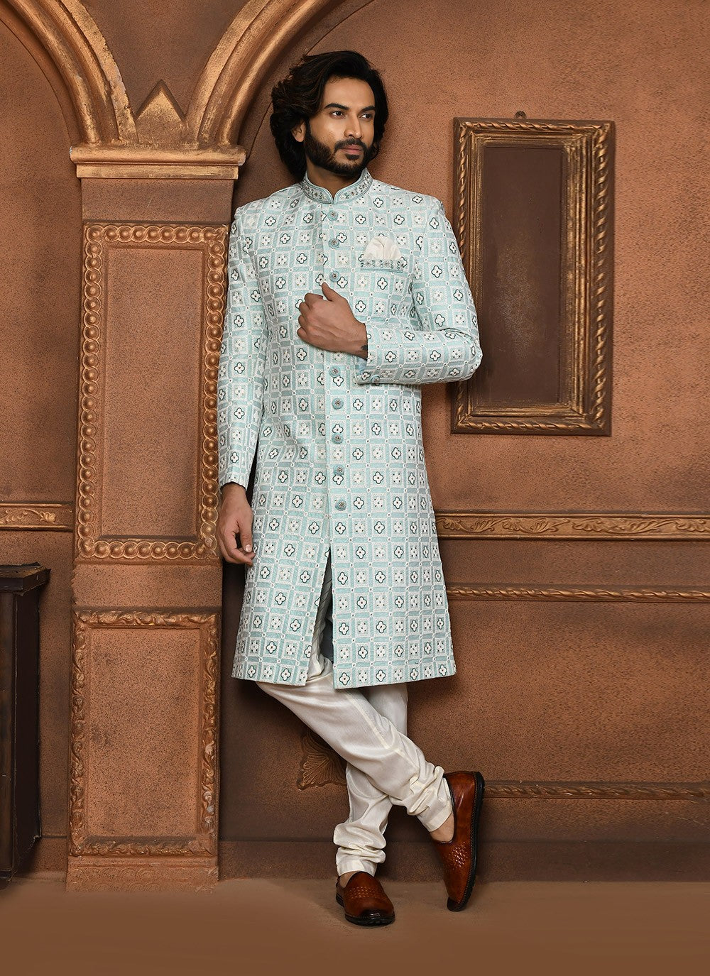Embroidered Art Silk Firozi Sherwani - M8056