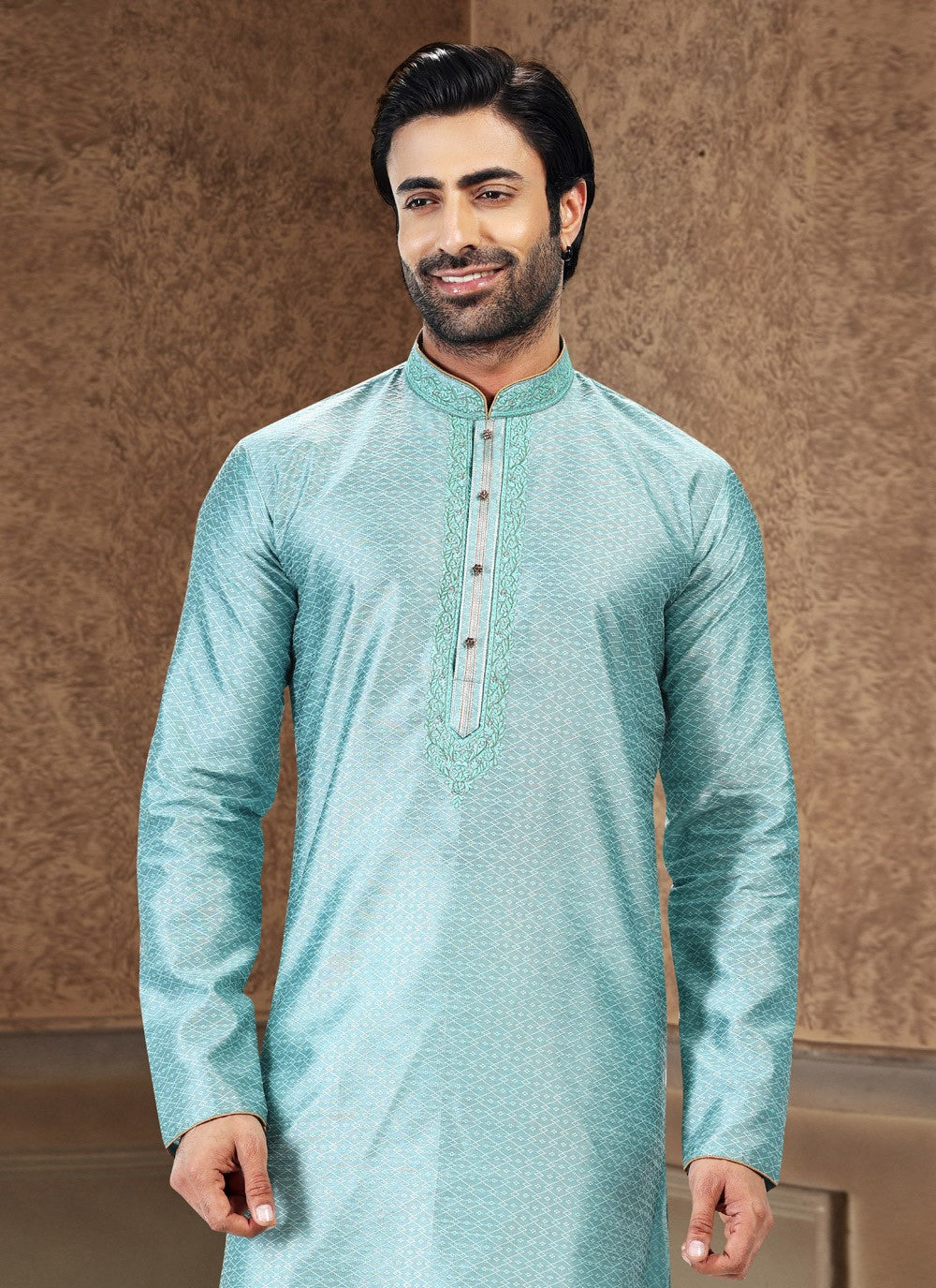 Fancy Work Banarasi Silk, Jacquard Firozi Kurta Pyjama - M4867