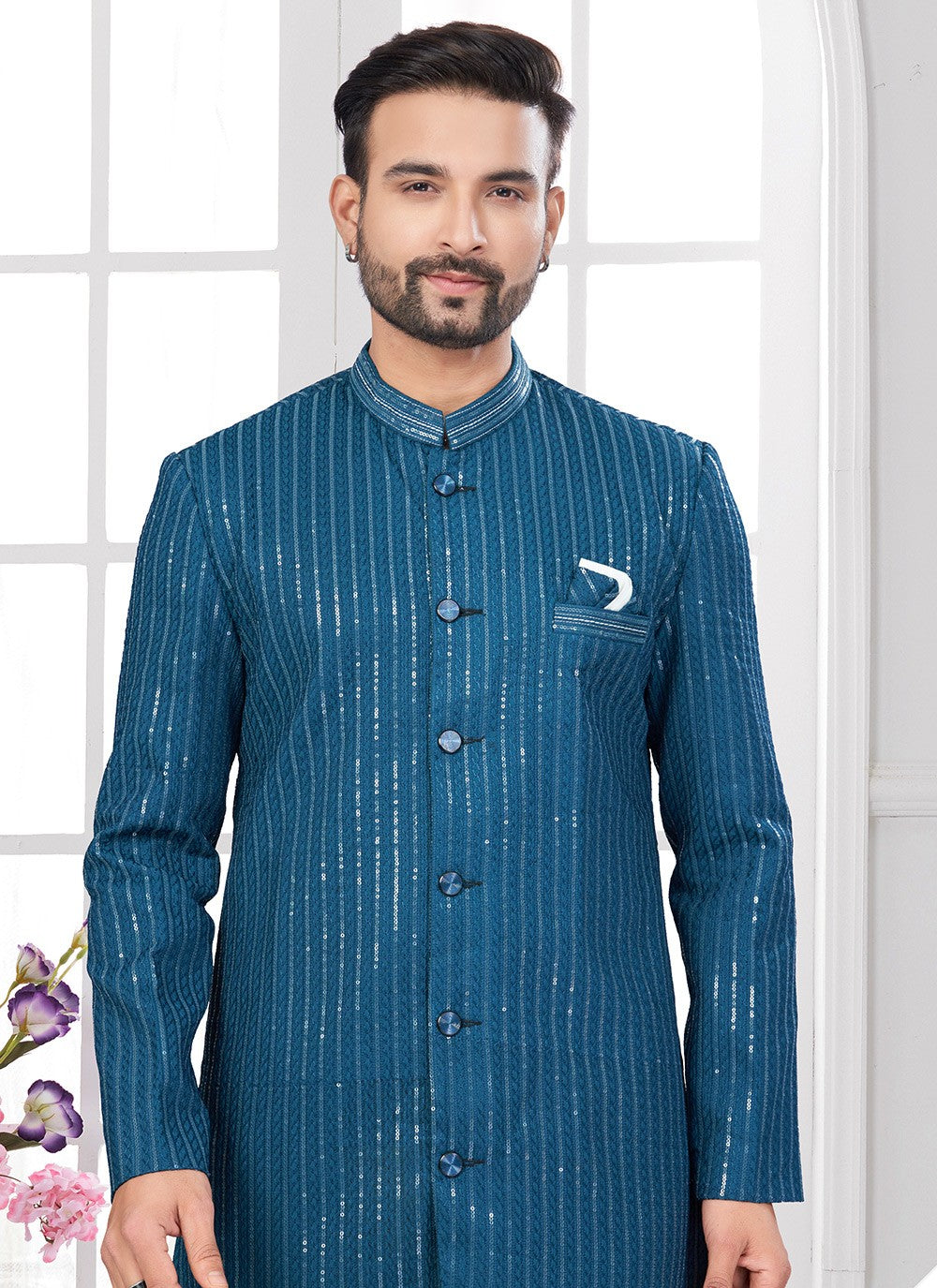 Machine Embroidery Imported, Silk Firozi Sherwani - M8615