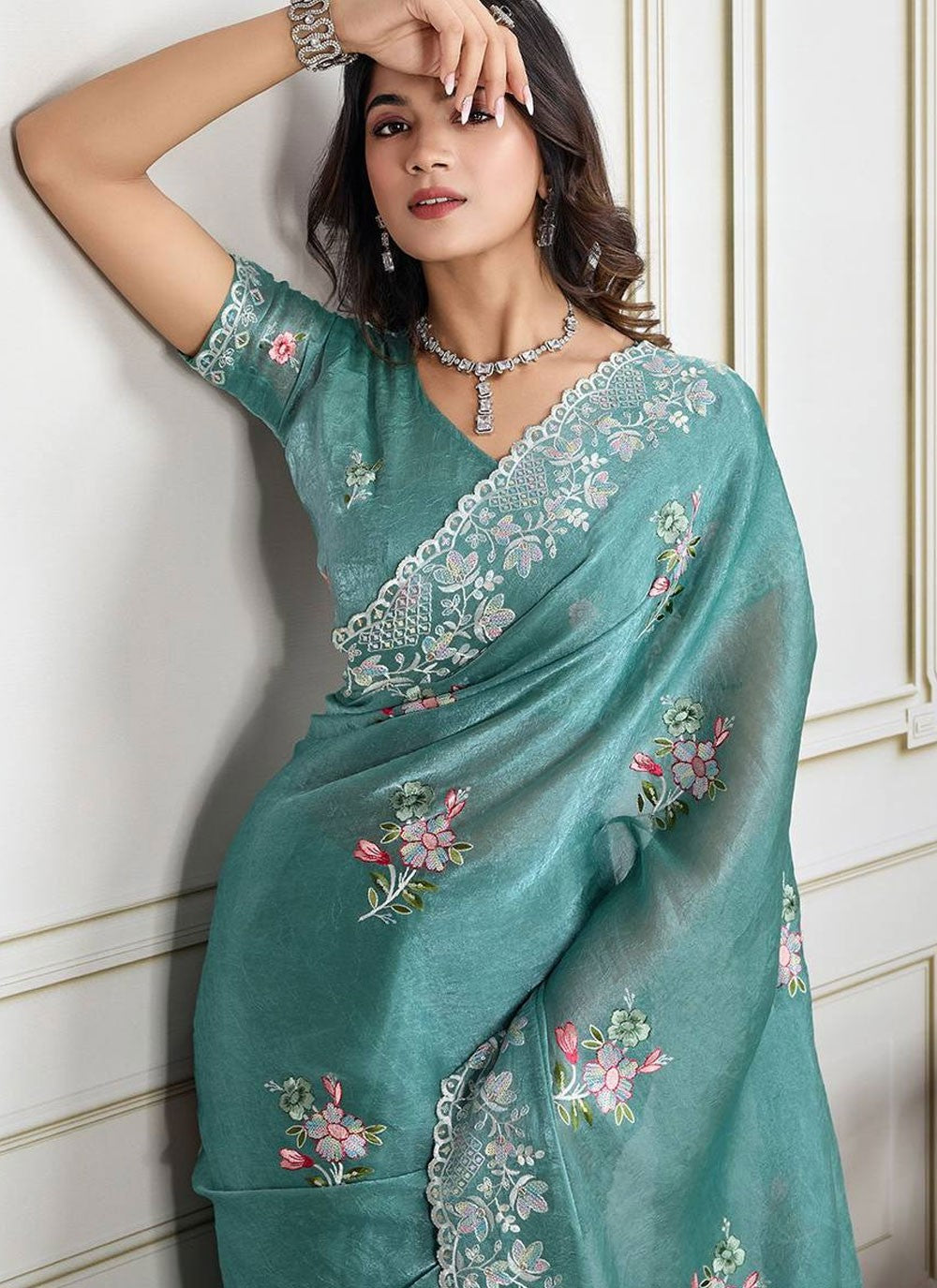 Cut Work Silk Firozi Saree S14228