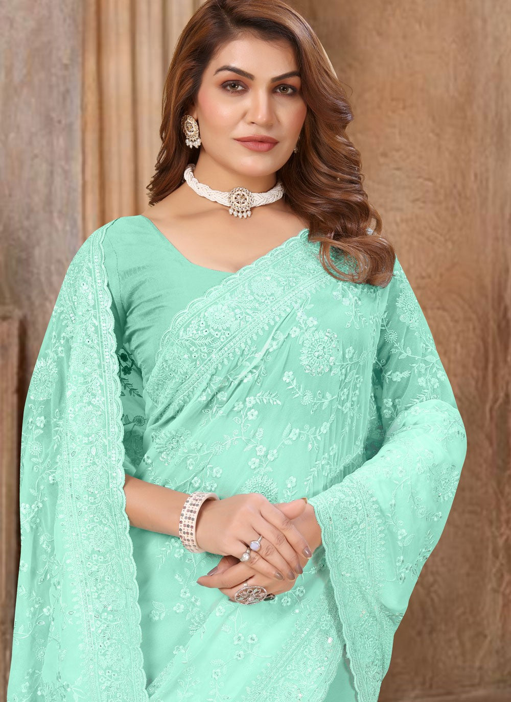 Cut Work Georgette Firozi Trendy Saree S15613