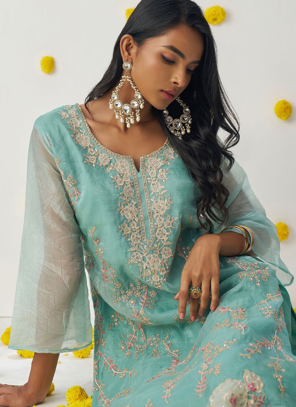Pant Style Suit Embroidered, Stones, Zari Firozi T6966
