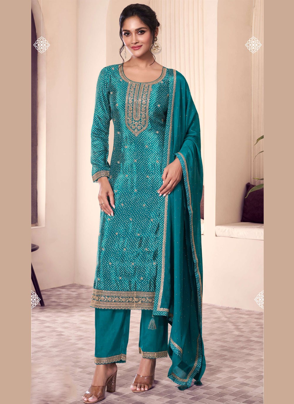 Salwar Suit Digital Print Firozi Chinon T5514