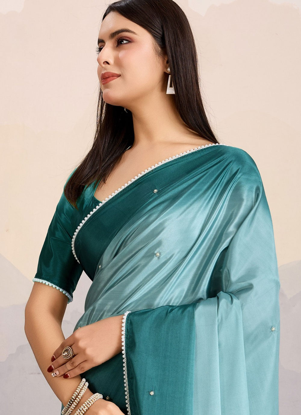Moti Pure Crepe Firozi Saree S14247