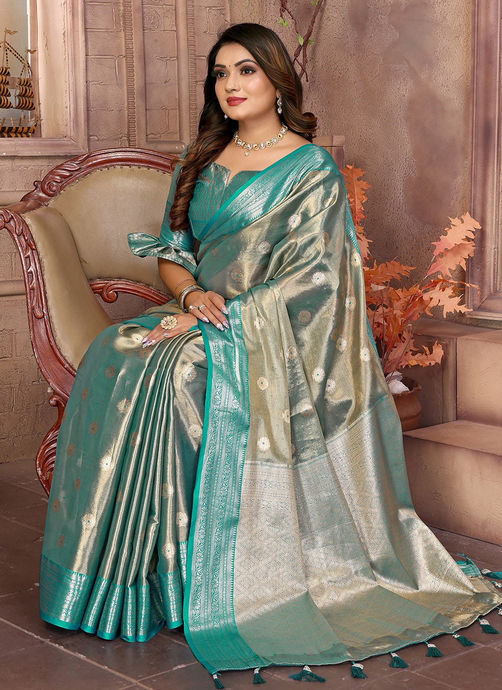 Woven Silk Firozi Saree S14616