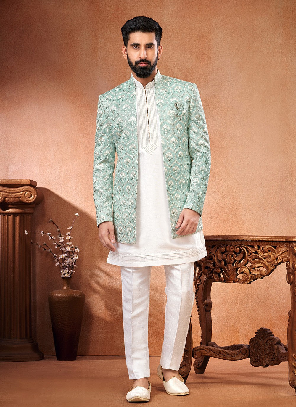 Embroidered Banarasi Silk Firozi Jodhpuri Suit - M6659