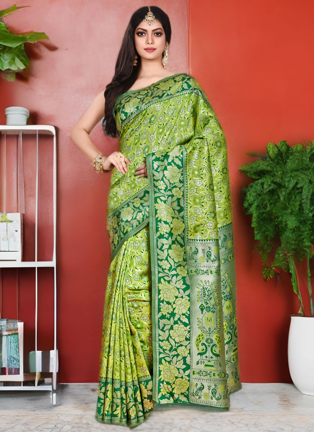 Fancy Work Kanjivaram Silk Green Designer Saree S15533