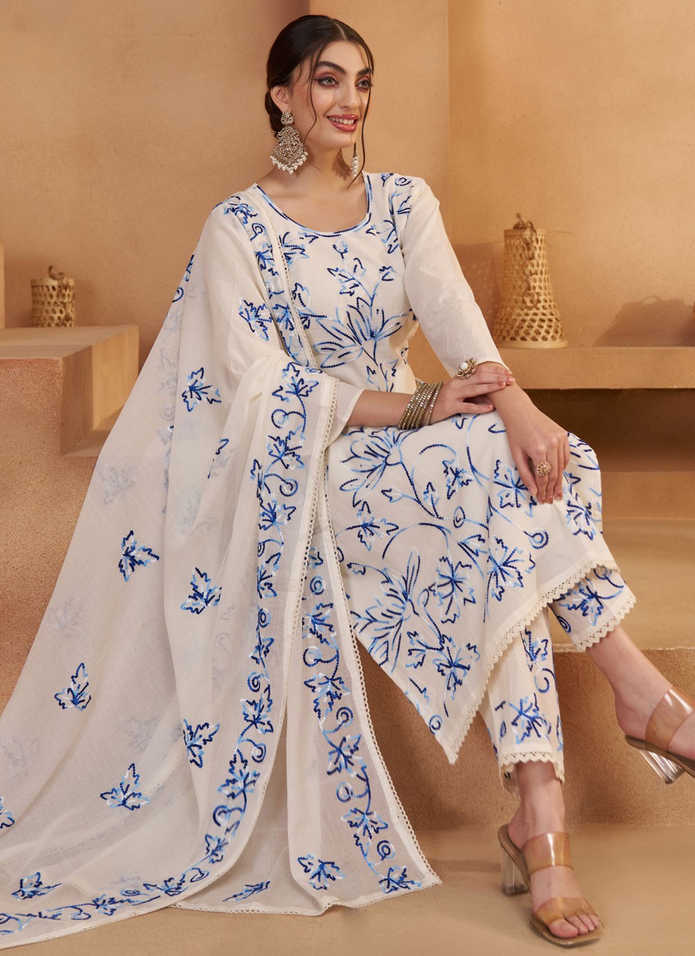 Pant Style Suit Fancy Work, Floral Printed, Thread White T7941