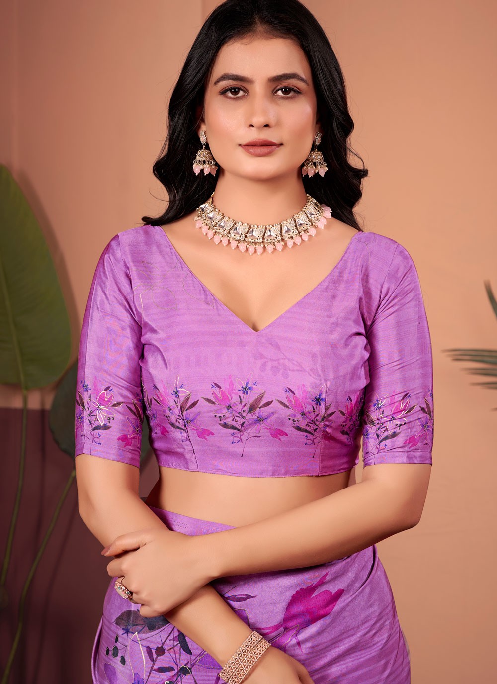 Floral Printed Silk Lavender Saree S13979