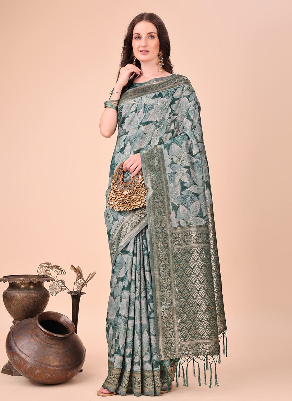 Floral Printed Cotton Green Trendy Saree S15122