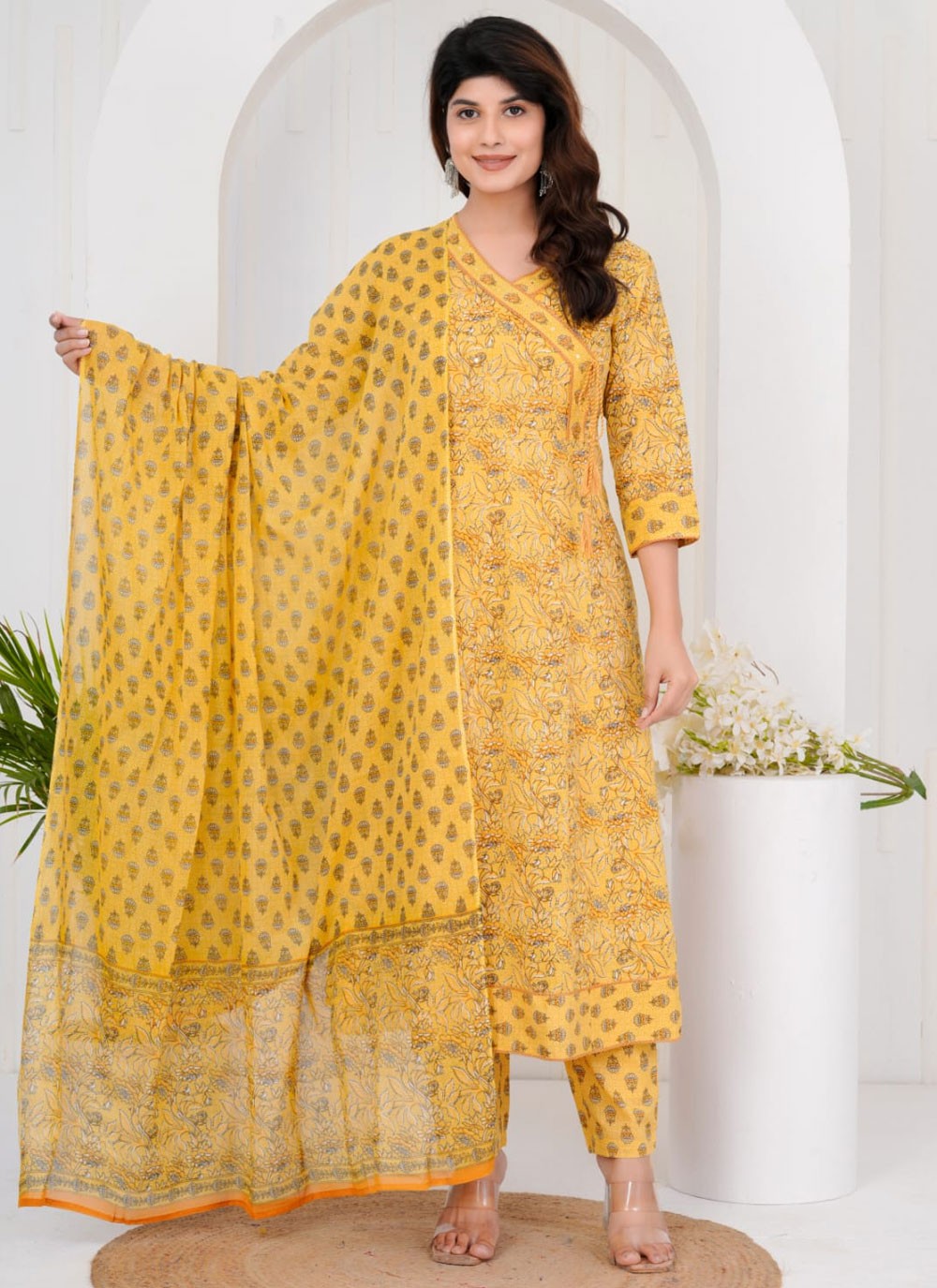 Salwar Suit Floral Printed Yellow Cotton T5675