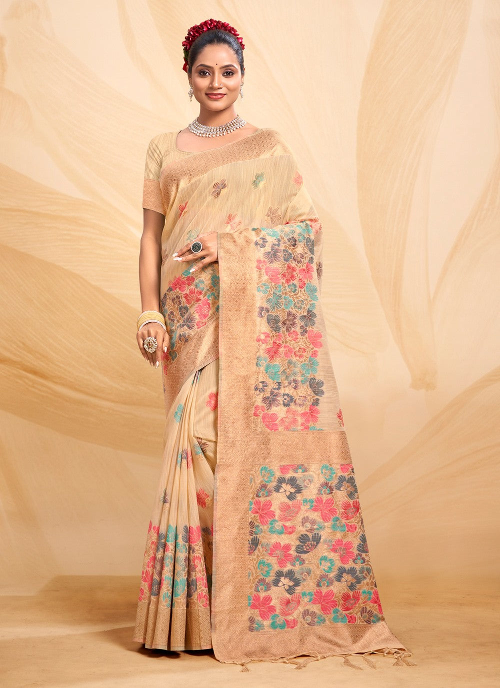 Traditional Floral Printed Cotton Saree - S5117