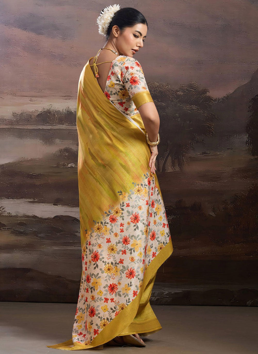 Yellow Silk Casual Saree Floral Printed S19538