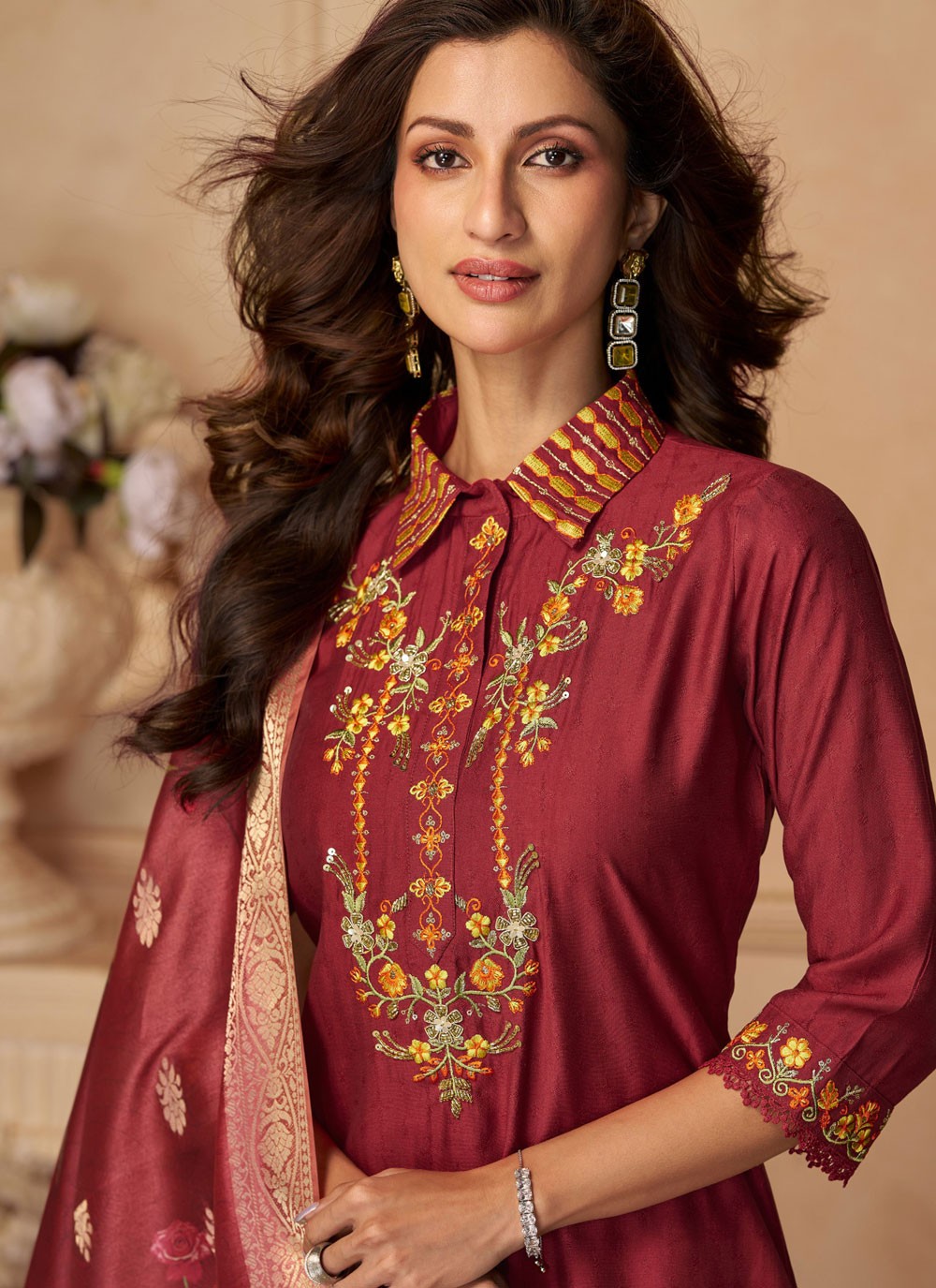Pant Style Suit Floral Printed Brown T7824