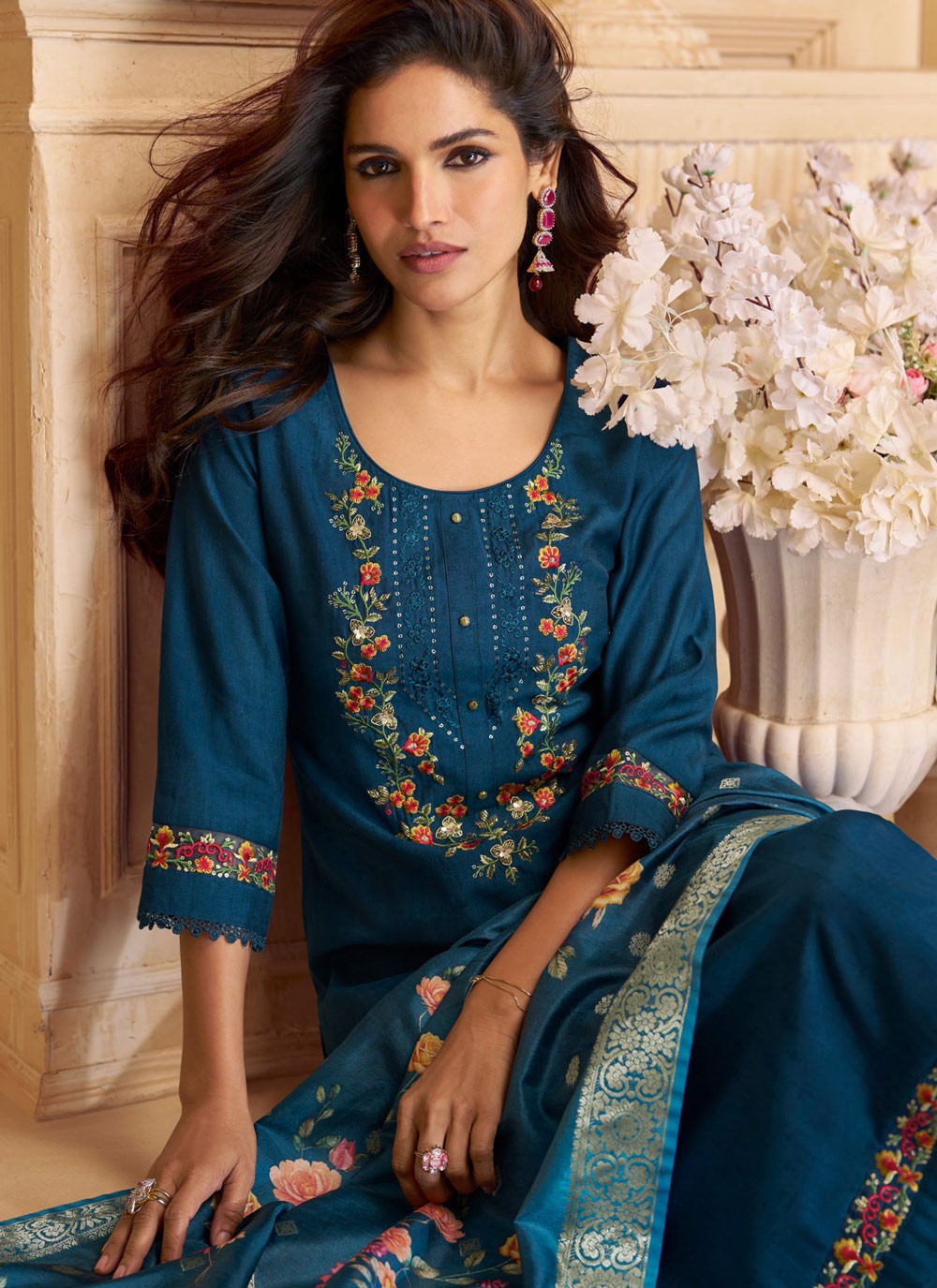 Pant Style Suit Floral Printed Teal T7821