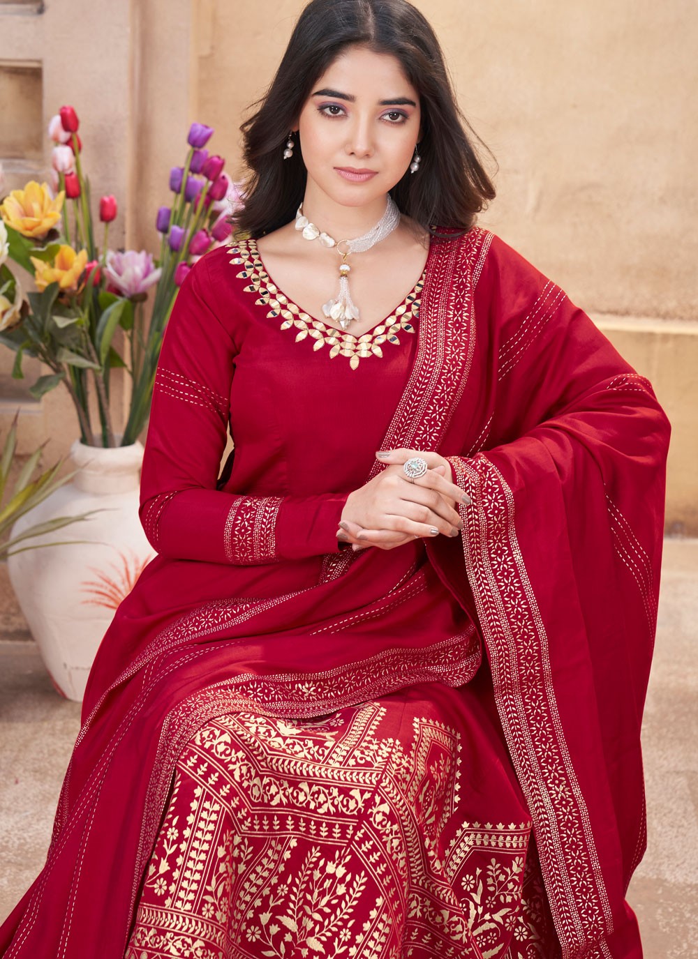 Salwar Suit Foliage Prints Hot Pink Silk T5474
