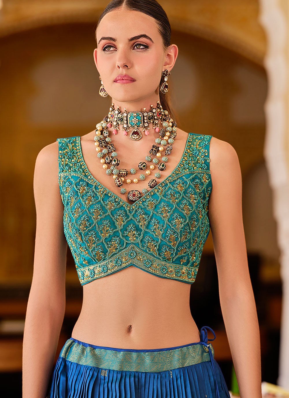Foliage Prints Silk Blue Lehenga - L3277