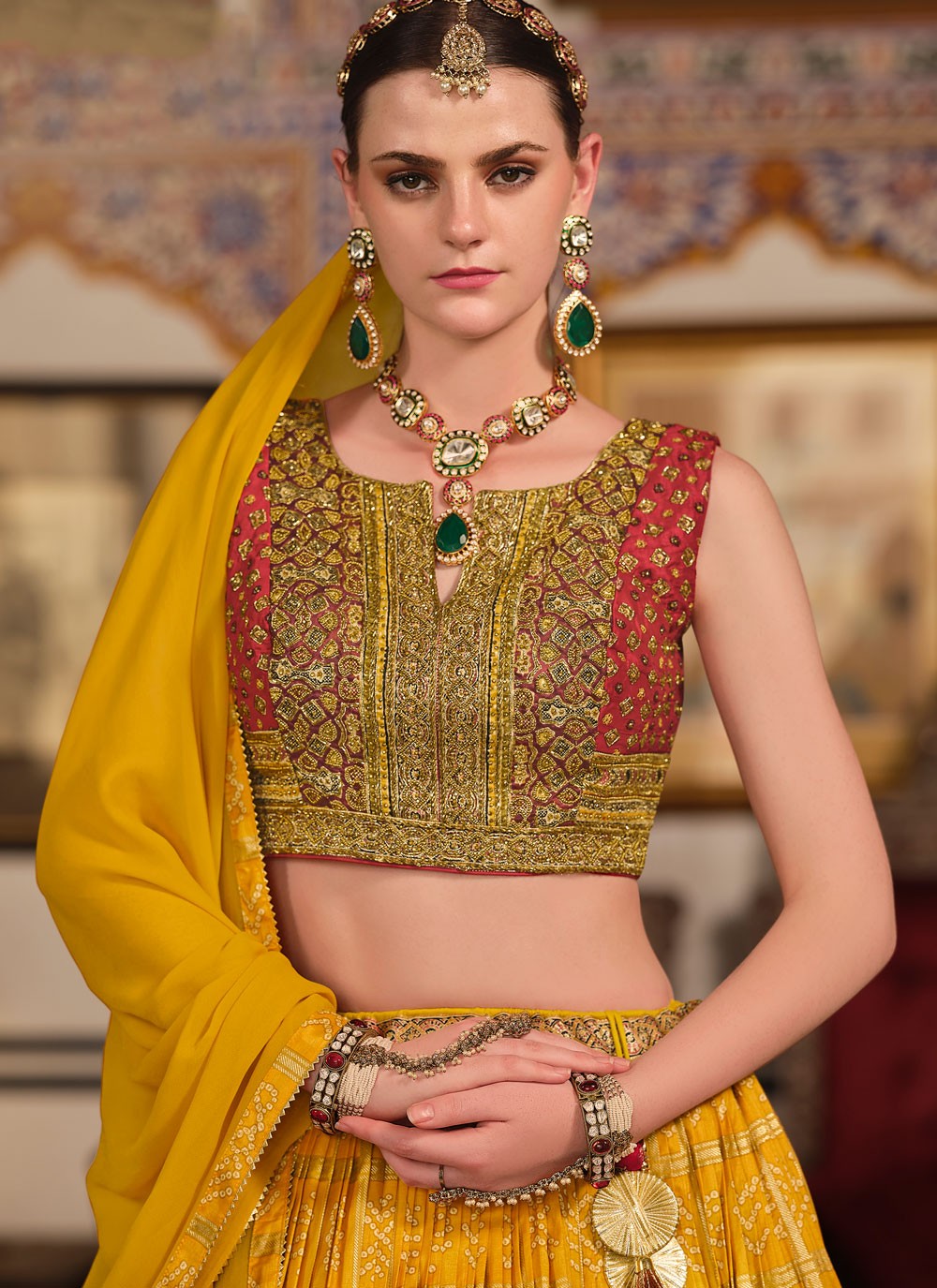 Foliage Prints Silk Yellow Lehenga - L3279