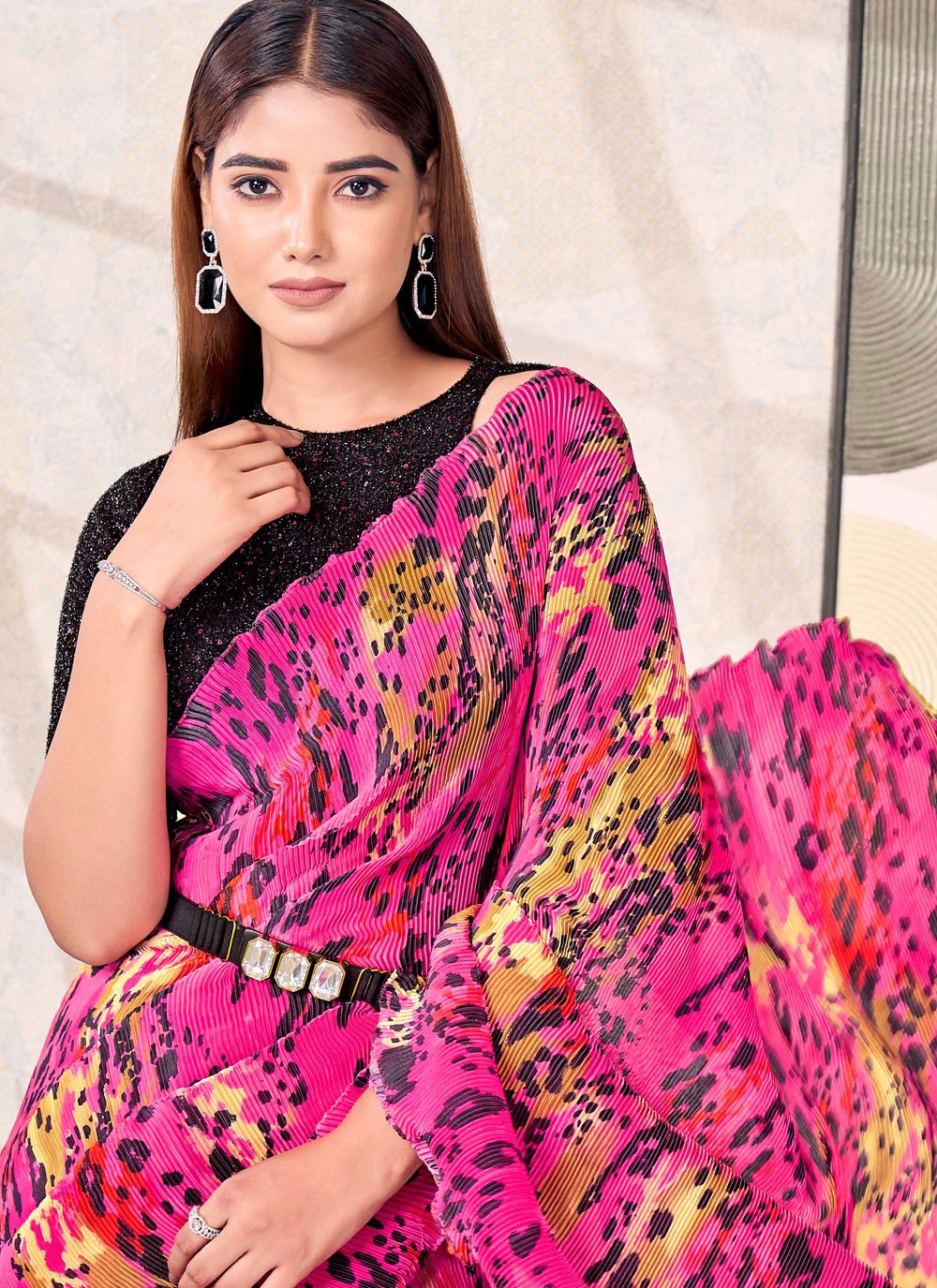 Fuchsia Satin Silk Classic Saree Abstract Print S19178