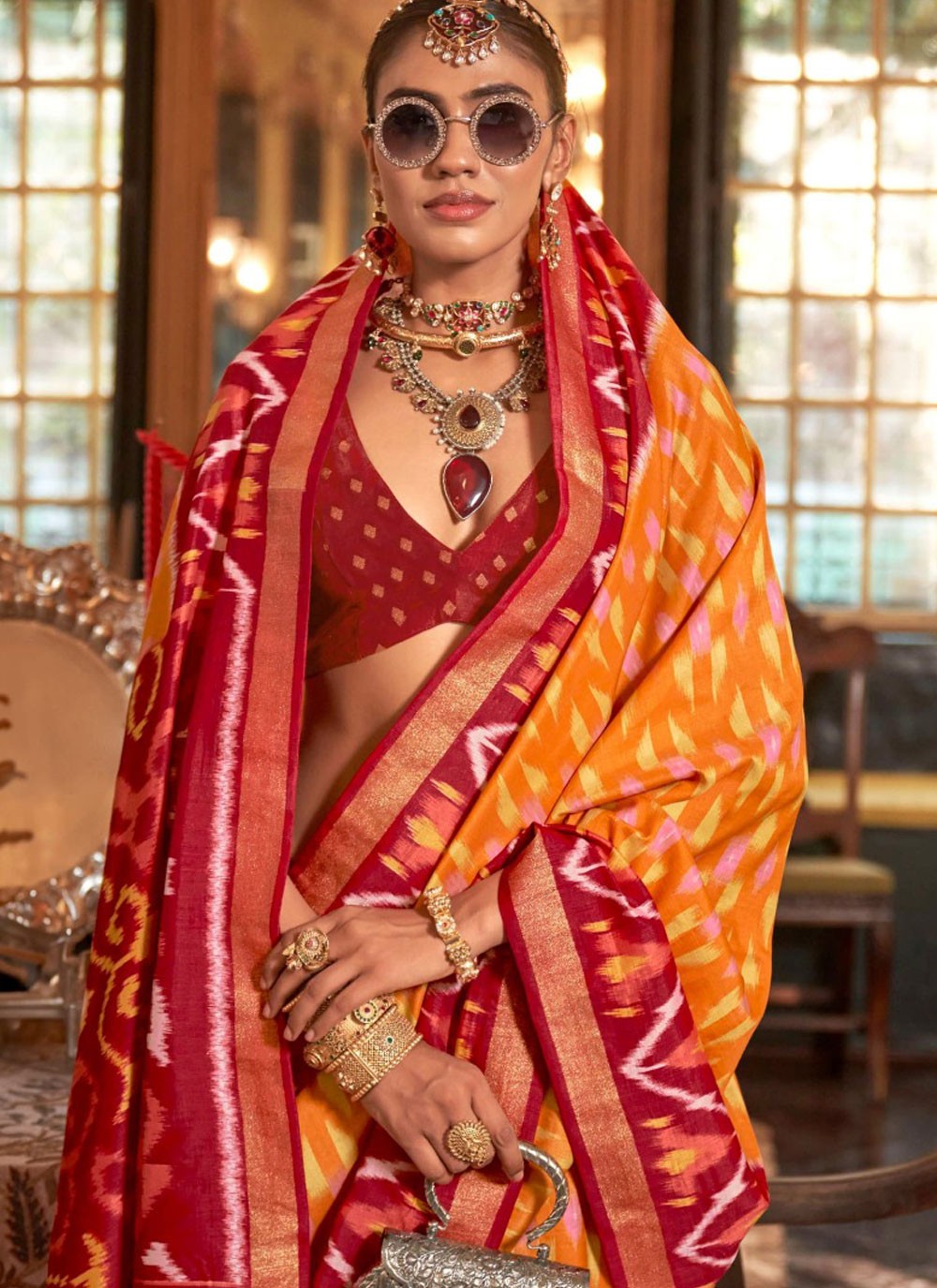Geometric Print Silk Yellow Contemporary Saree S14903