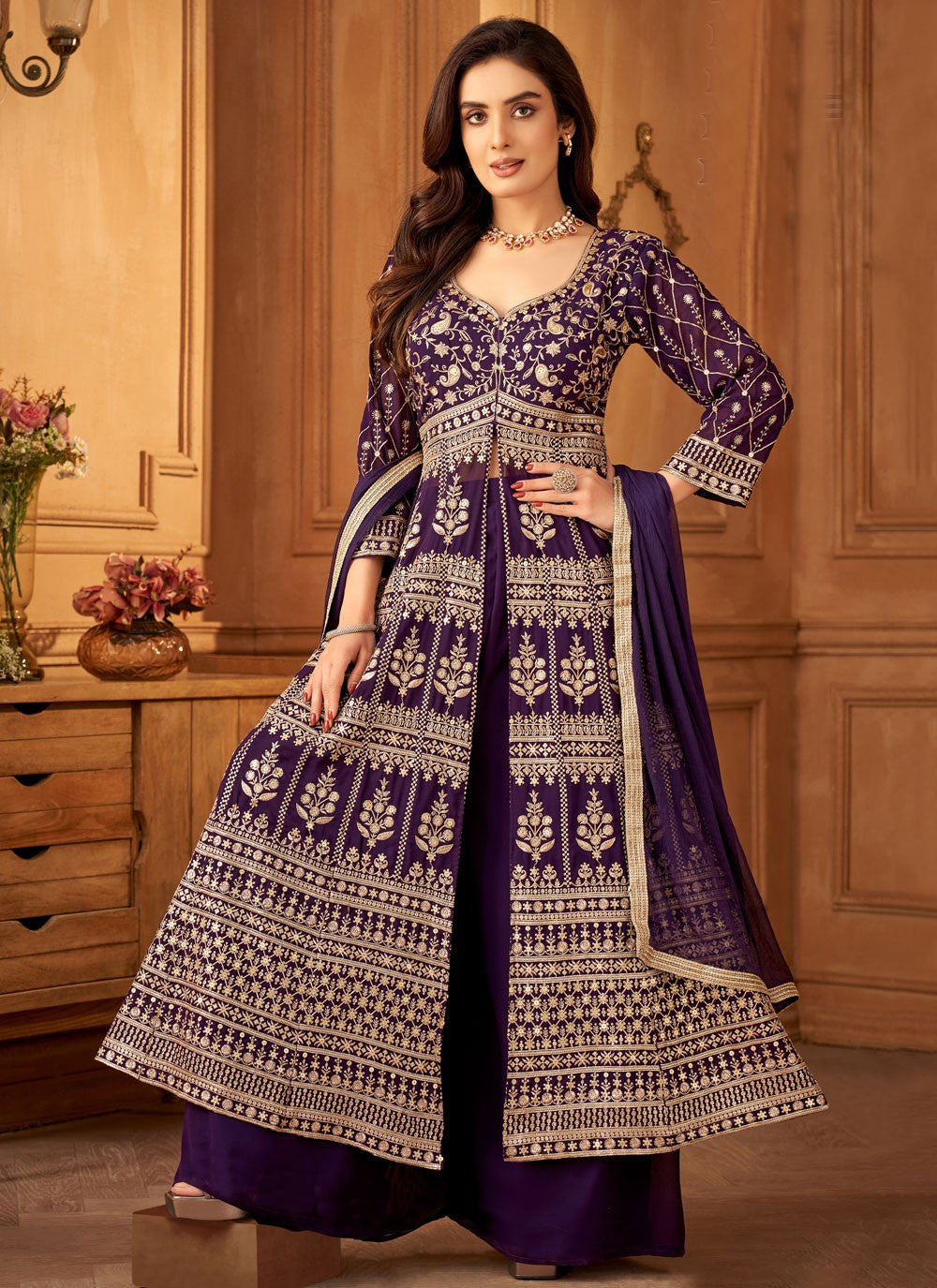 Palazzo Suit Embroidered, Zari Purple T6625