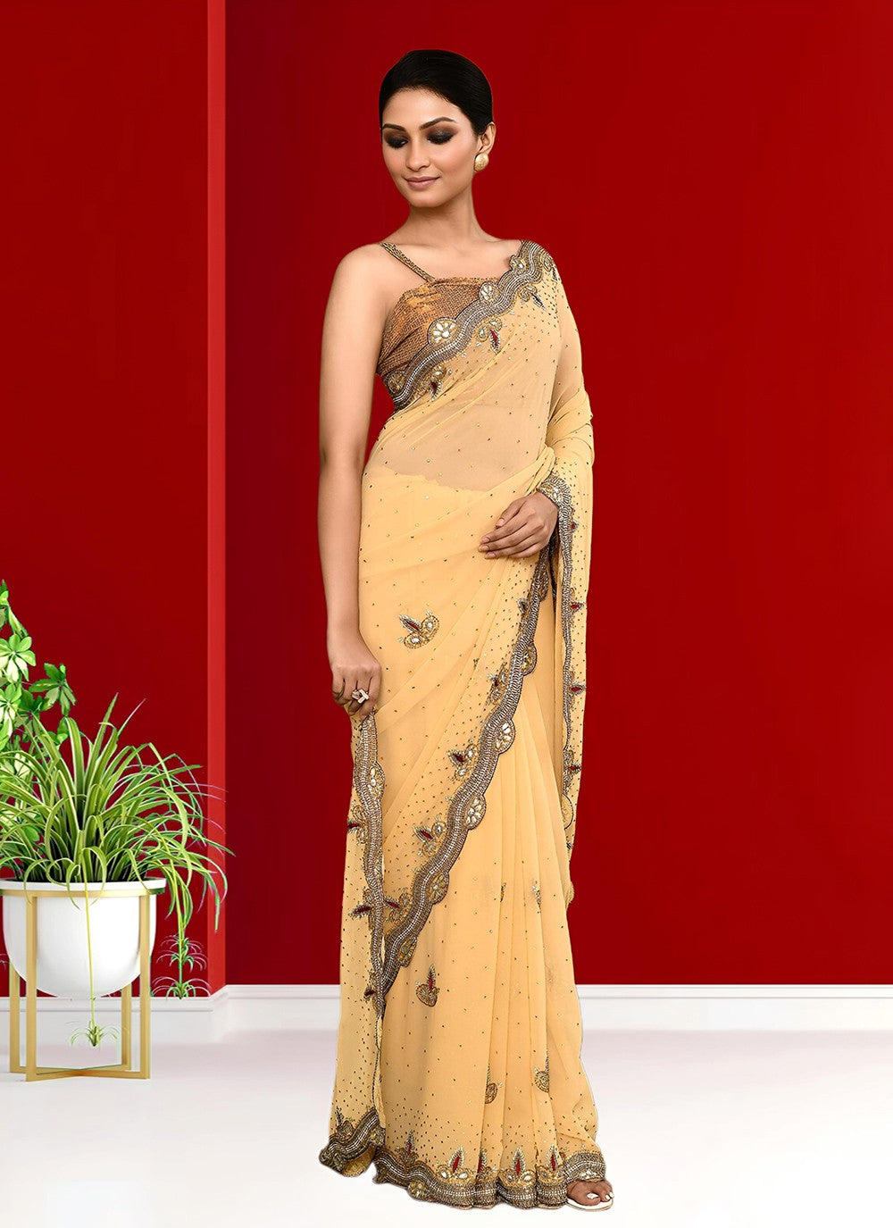 Hand Embroidery Georgette Beige Saree S14264