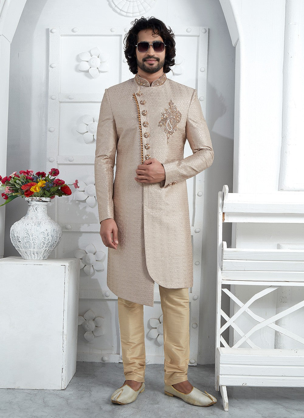 Embroidered Georgette Beige Sherwani - M7455