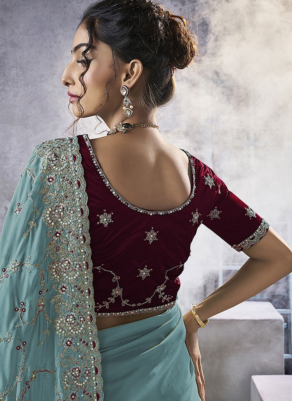 Blue Georgette Contemporary Saree Beads, Cord, Embroidered, Thread, Zari S15782