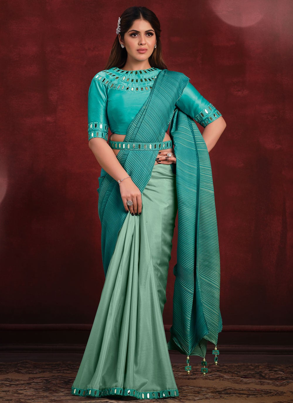 Fancy Work Crepe Silk Blue Trendy Saree S15339