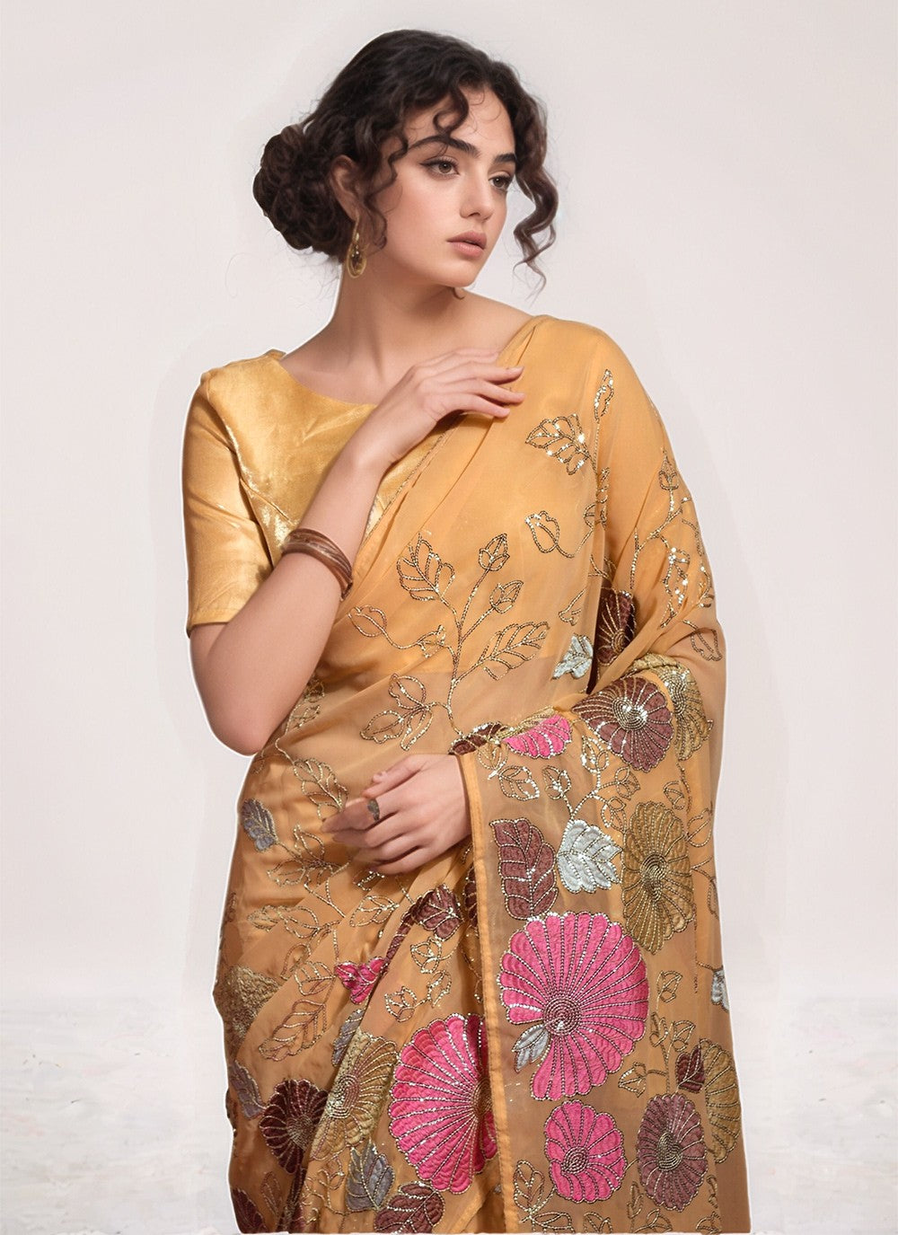 Brown Georgette Contemporary Saree Embroidered, Sequins, Thread S15799