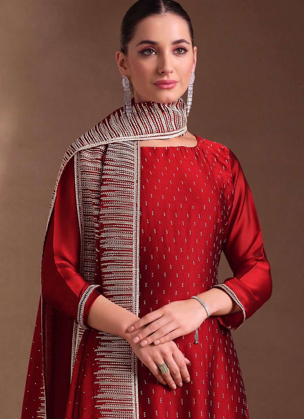 Pant Style Suit Embroidered, Swarovski Red T7254