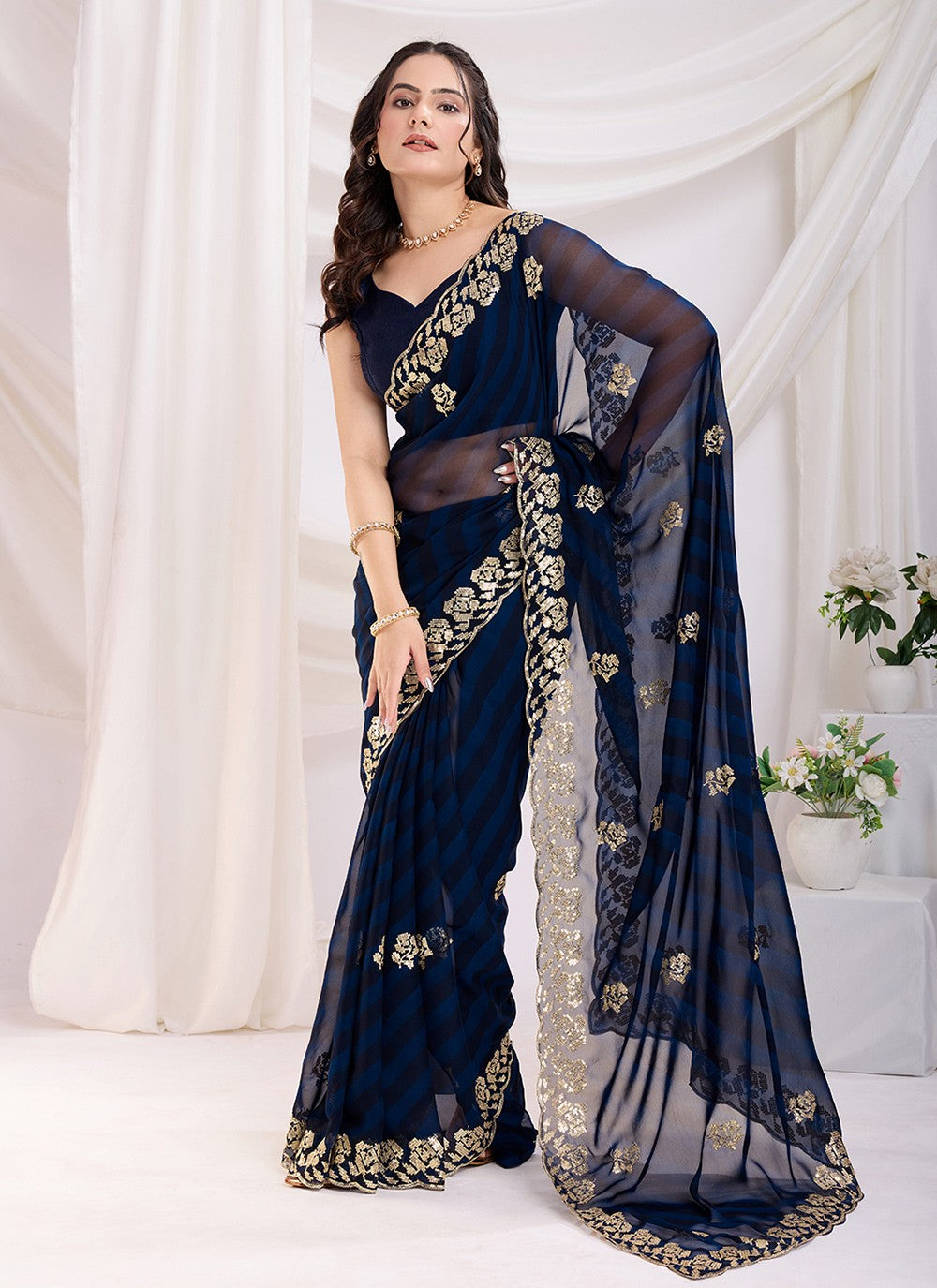 Embroidered Georgette Blue Saree S13788