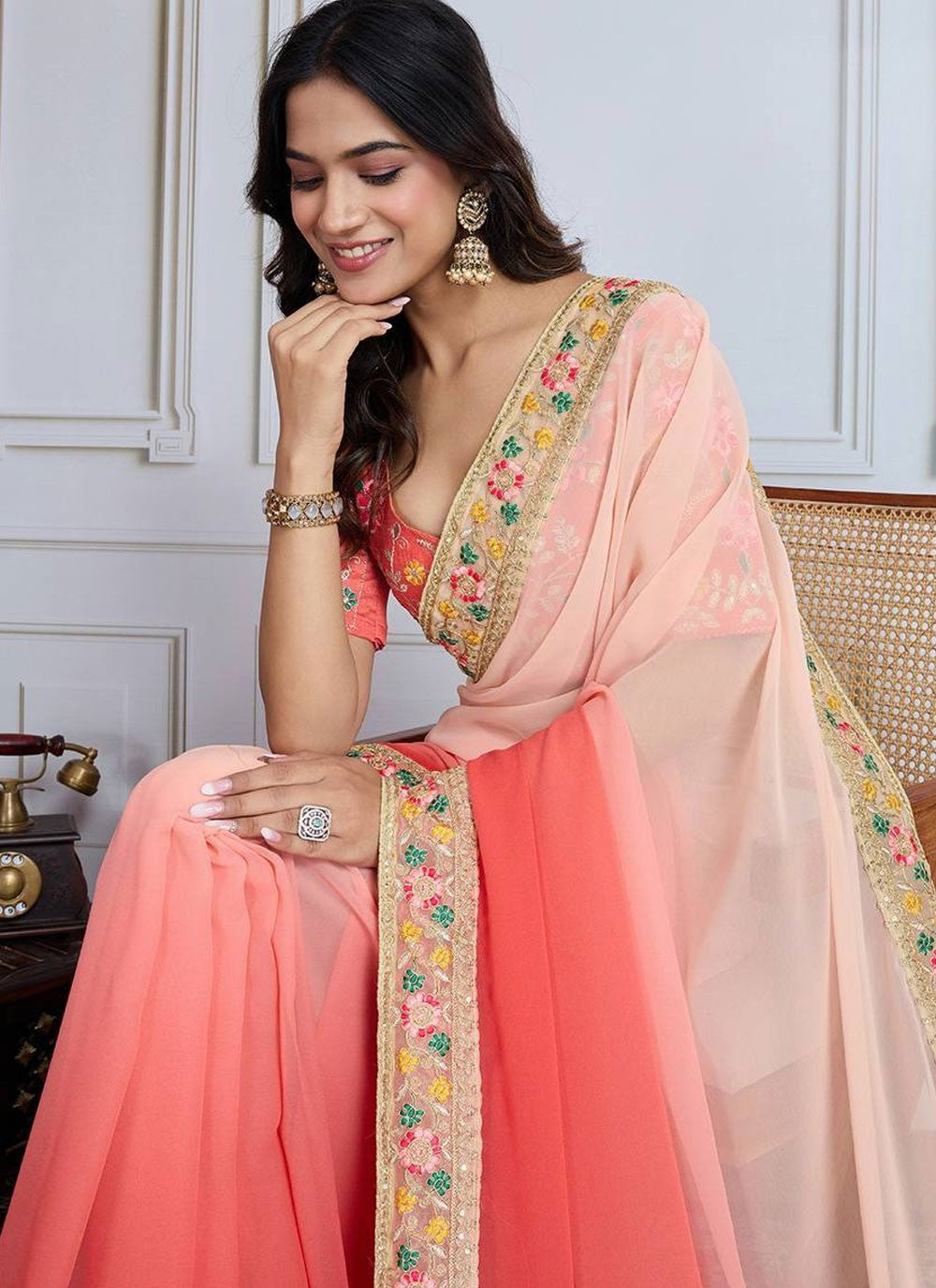 Border Work Georgette Peach Classic Saree S14893