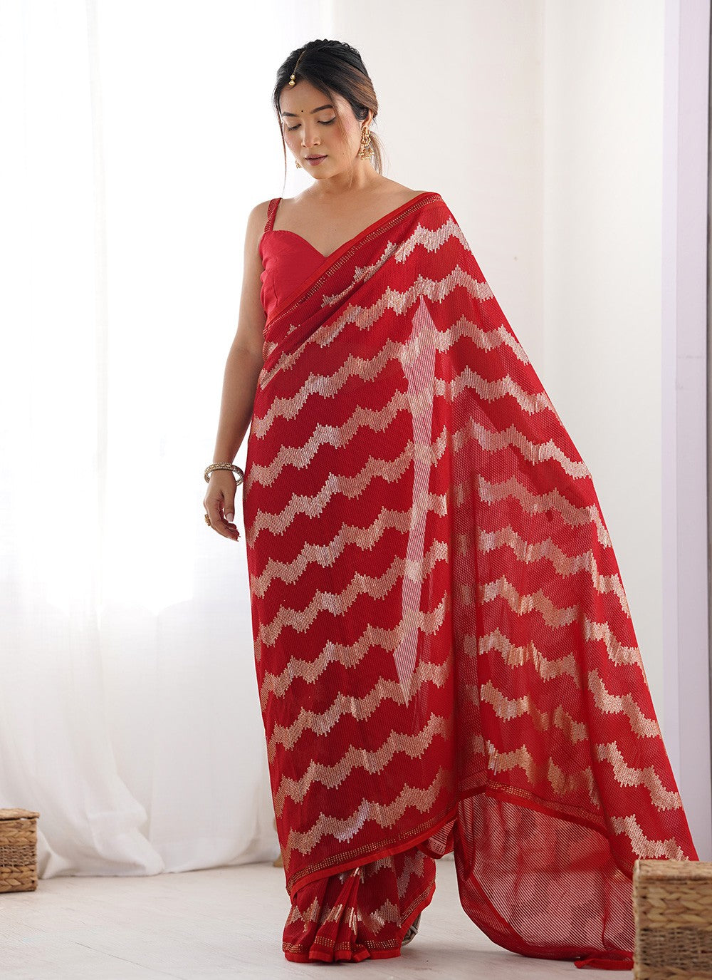 Contemporary Embroidered Red Georgette S12401