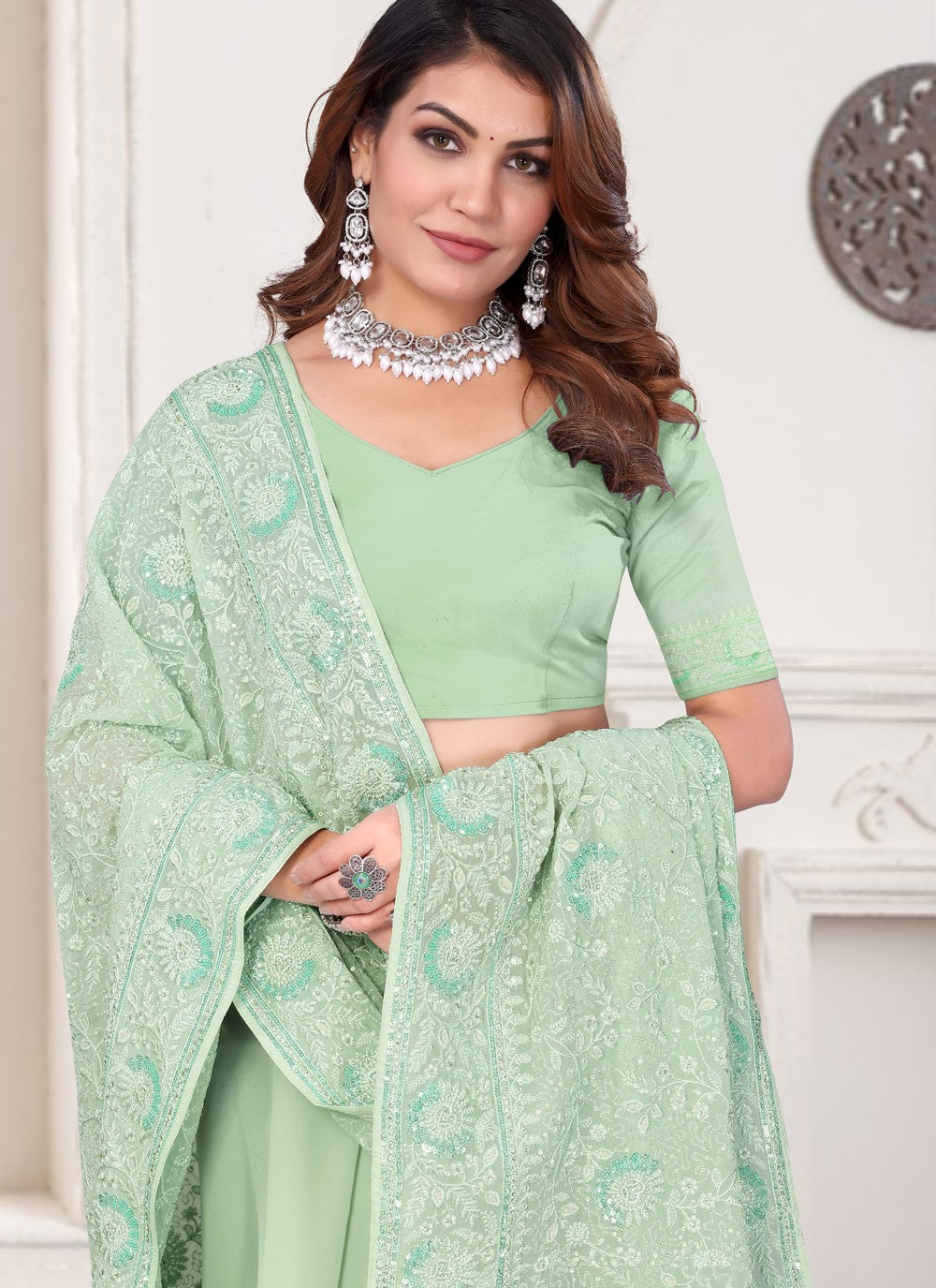 Embroidered Georgette Sea Green Contemporary Saree S14968