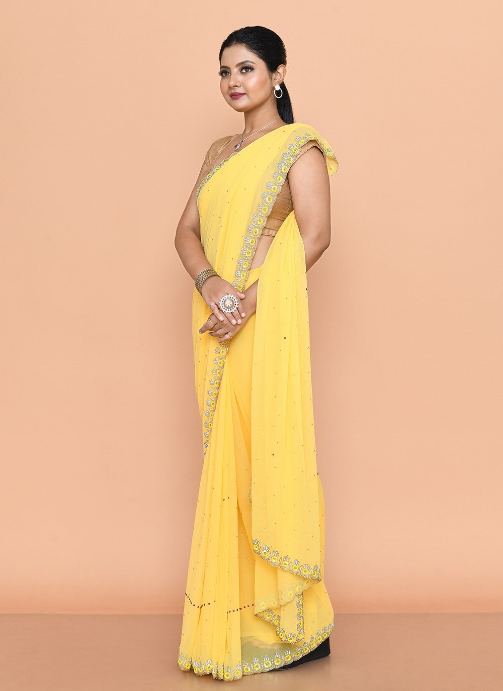 Contemporary Hand Embroidery Yellow Georgette Saree S13107