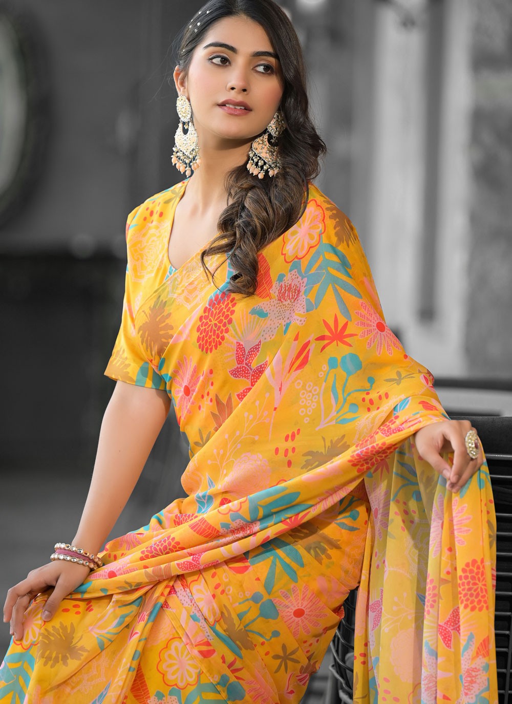 Digital Print Georgette Yellow Saree S14546