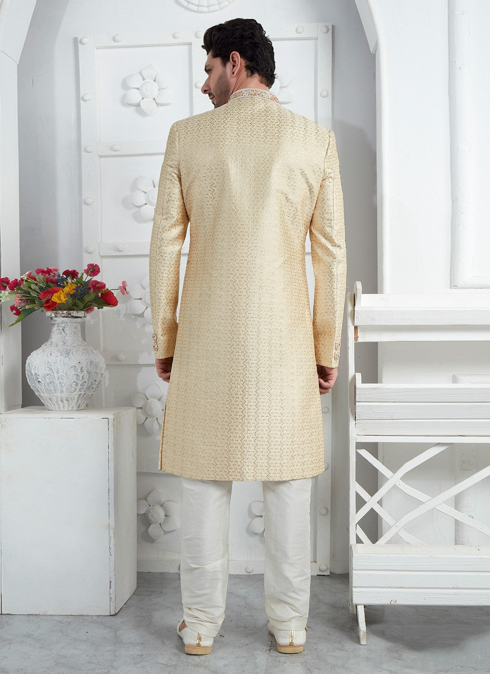 Embroidered Georgette Beige Sherwani - M7456