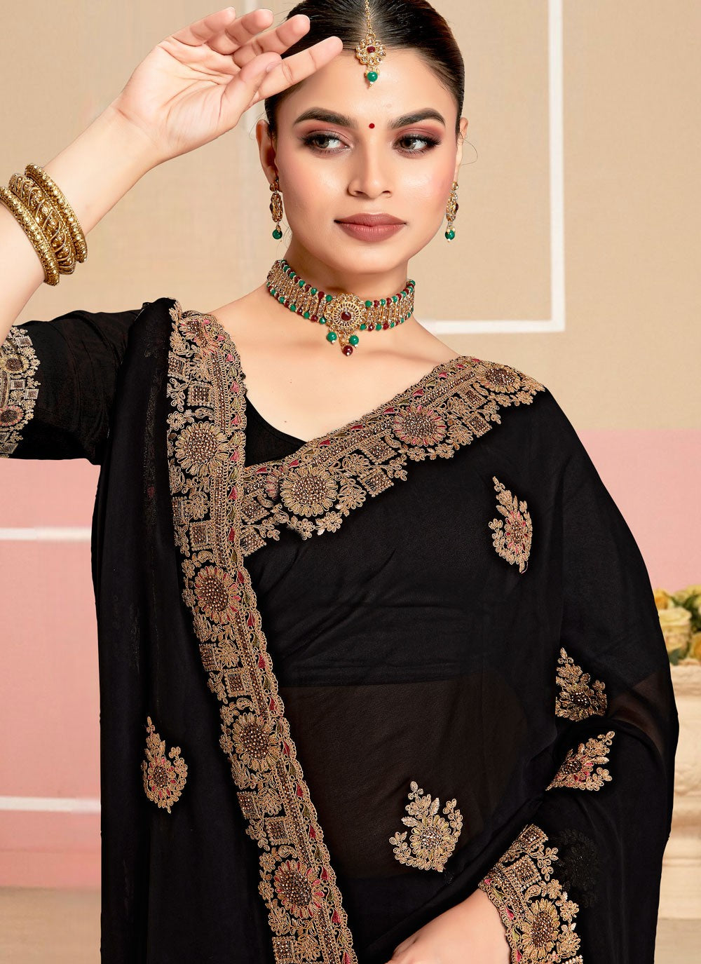 Black Georgette Classic Saree Cord, Embroidered S19982