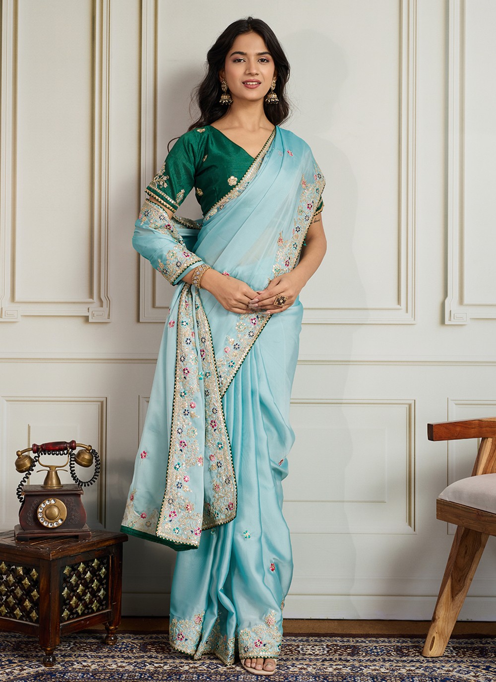 Sea Green Georgette Classic Saree Embroidered S19116