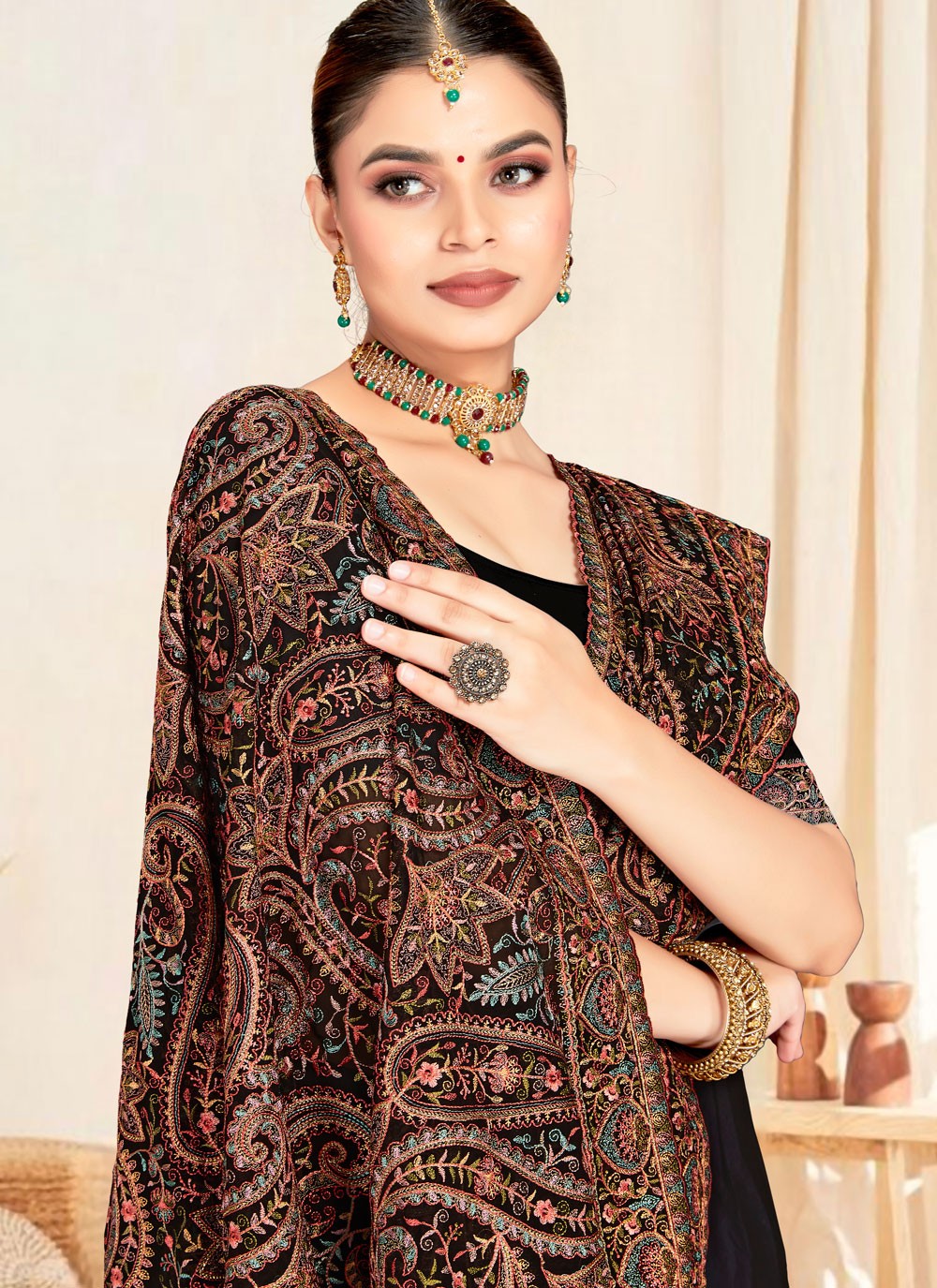 Black Georgette Contemporary Saree Embroidered, Resham S19835