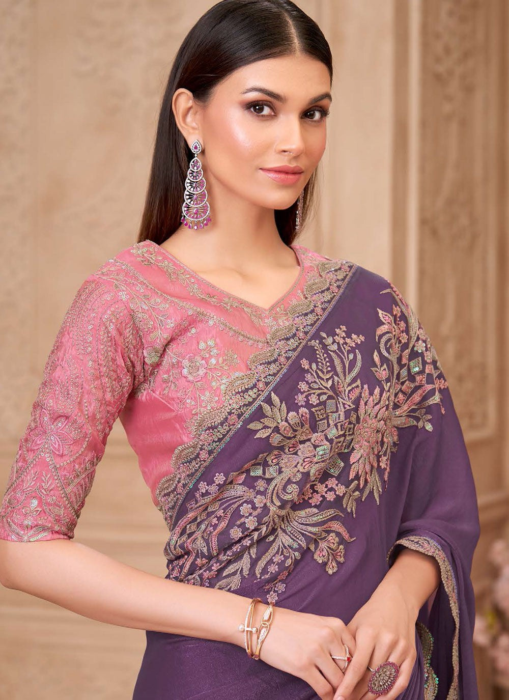 Lavender Georgette Trendy Saree Border Work, Embroidered S19782